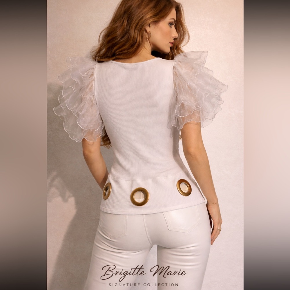 White Top with large grommets and Ruffled Sleeves